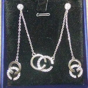 Cubic Zirconium Silver Tone Dangle Earrings and Necklace CC